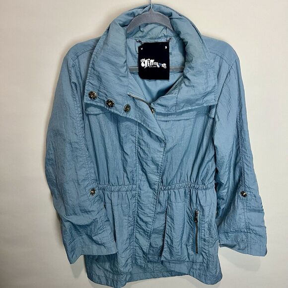 The Fillmore Anorak Blue Shimmery Jacket Windbreaker Raincoat Hooded Gold Detail - Picture 2 of 12